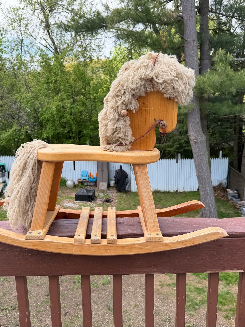 Vintage Handmade Solid Oak Rocking Horse with Yarn Mane – Heirloom Quality